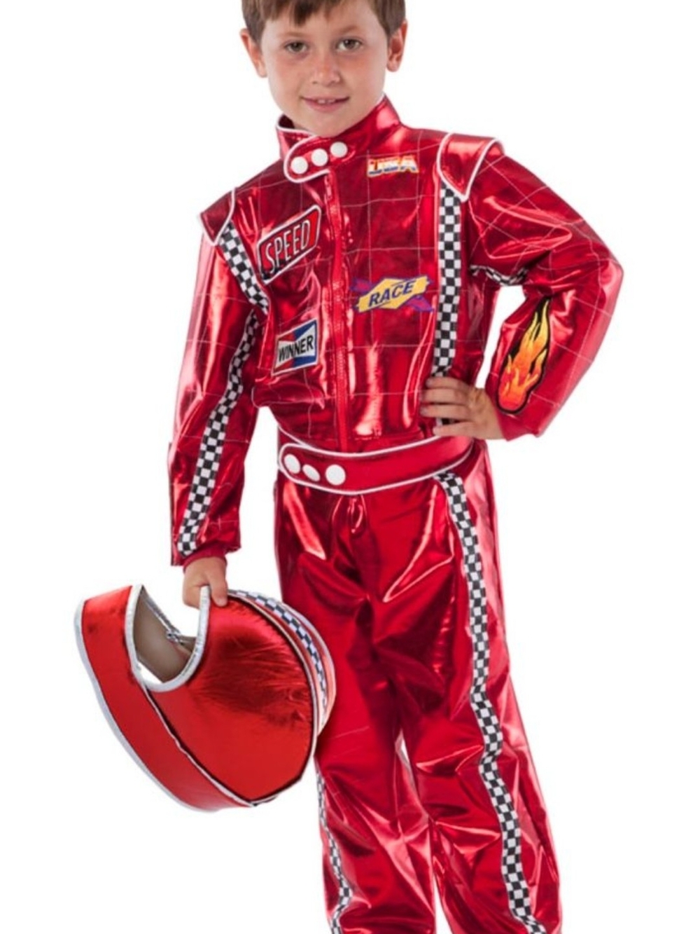 Red Shiney Race Car Driver Costume Helmet USA Flames Youth Size 3-4 Finish Line